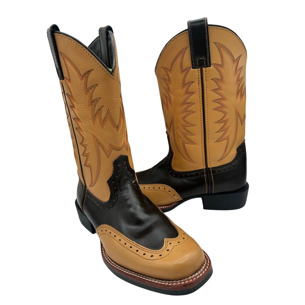 vintage Acme Scorpion cowboy boots  tan & dark brown leather Square Wingtip 8
